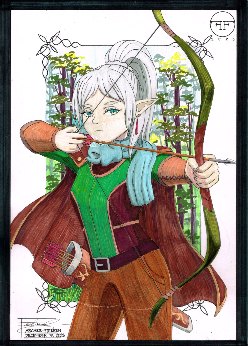 1girl absurdres aiming archery arrow_(projectile) artist_logo belt blue_scarf bow_(weapon) character_name commentary dated drop_earrings earrings english_commentary fanaticfrancis forest frieren green_eyes grey_hair high_ponytail highres jewelry long_hair marker_(medium) nature parted_bangs pointy_ears quiver scarf solo sousou_no_frieren traditional_media twintails vambraces weapon