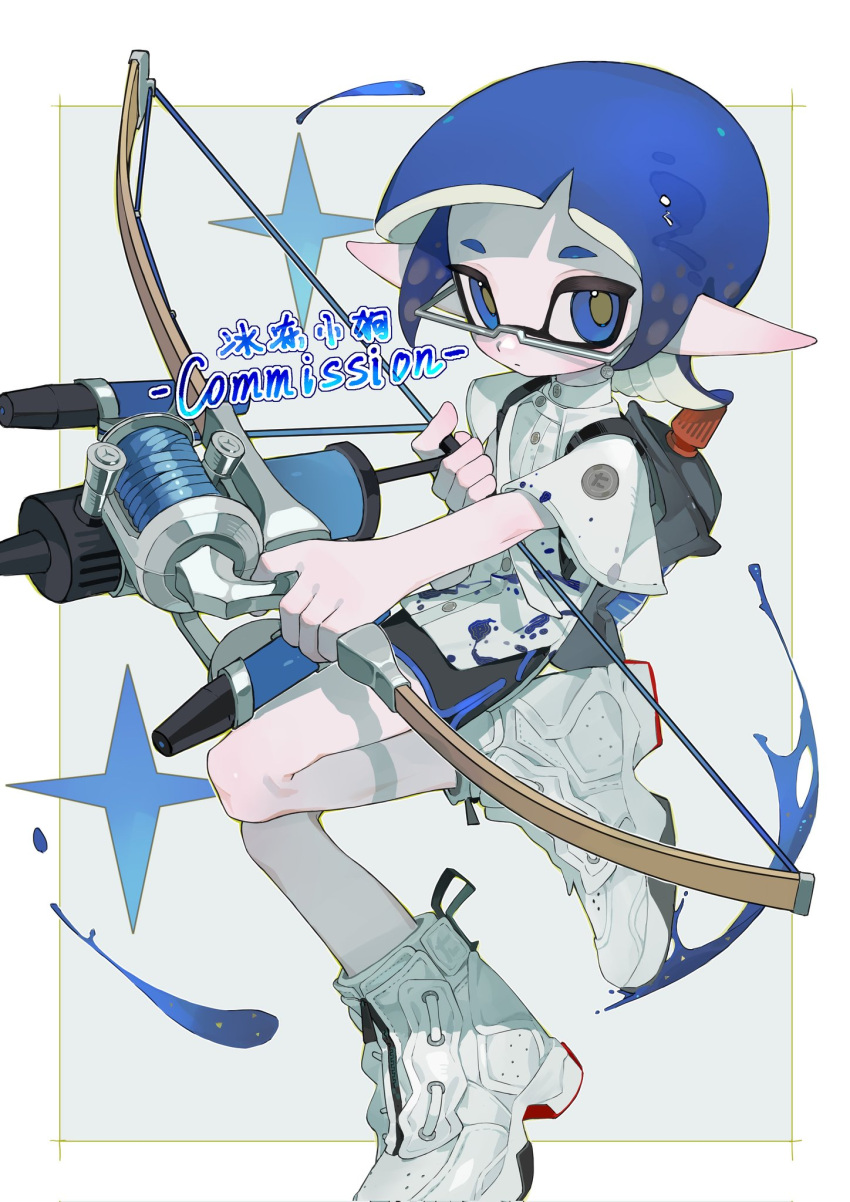 1girl backpack bag black_shorts blue_eyes blue_hair blunt_bangs blush boots border bow_(weapon) brown_pupils buttons closed_mouth commentary_request commission expressionless glasses grey_background hand_up highres holding holding_bow_(weapon) holding_weapon inkling inkling_girl leg_up lensless_glasses looking_at_viewer outside_border outstretched_hand p-pepper pointy_ears shirt short_eyebrows short_hair short_shorts short_sleeves shorts sidelocks simple_background solo splatoon_(series) star_(symbol) tentacle_hair tri-stringer_(splatoon) weapon white_border white_footwear white_shirt