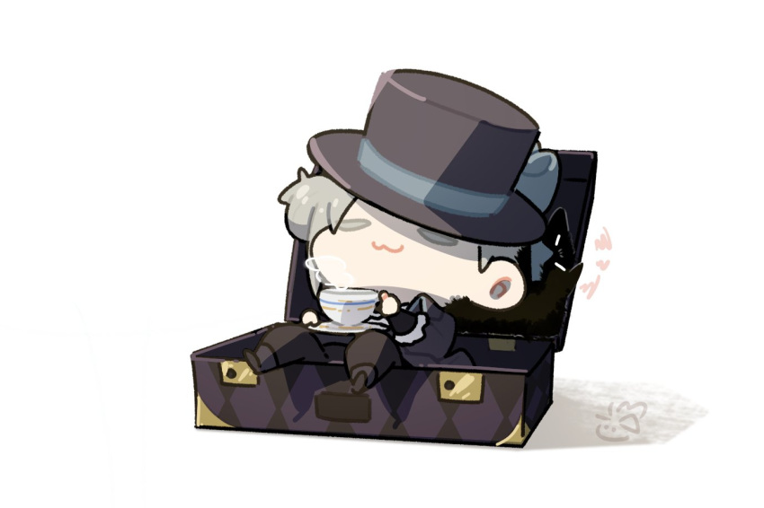 1girl :3 black_coat black_headwear black_pants chibi closed_mouth coat commentary cup english_commentary grey_eyes grey_hair grey_ribbon hair_bun hat hat_ribbon holding holding_cup holding_saucer long_sleeves pants papu_ri_ca reverse:1999 ribbon saucer simple_background single_side_bun solo suitcase teacup top_hat vertin_(reverse:1999) white_background
