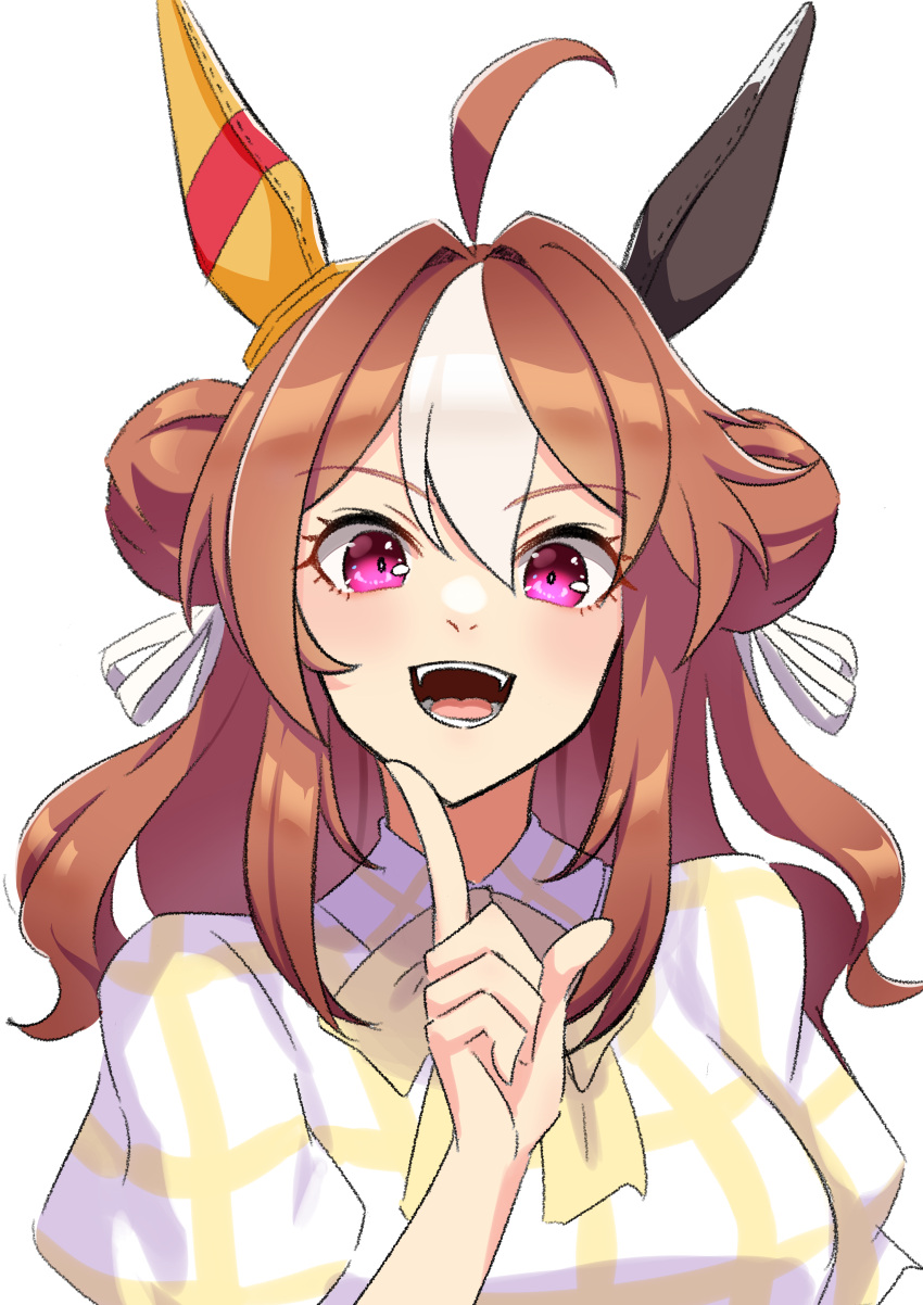 1girl :d absurdres ahoge animal_ears brown_hair casual copano_rickey_(umamusume) double_bun ear_covers hair_bun hair_ornament highres horse_ears horse_girl index_finger_raised long_hair looking_at_viewer multicolored_hair open_mouth puffy_sleeves senchan_7 simple_background smile solo tassel tassel_hair_ornament two-tone_hair umamusume upper_body violet_eyes white_background white_hair