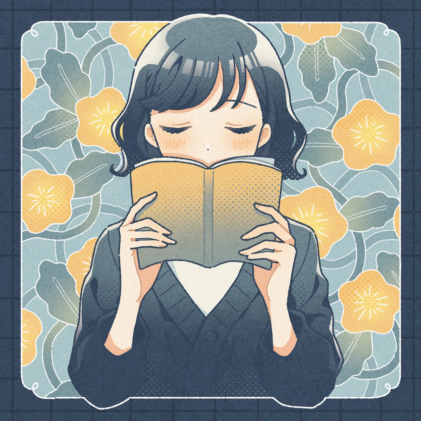 1girl black_border black_cardigan black_hair blush book border buttons cardigan closed_eyes commentary_request covered_mouth covering_own_mouth dot_nose facing_viewer fingernails floral_background flower flower_(symbol) grid halftone hands_up highres holding holding_book long_sleeves nahara_saki open_book original short_hair solo upper_body wavy_hair yellow_flower
