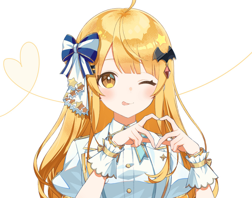 1girl ;p absurdres ahoge alternate_hairstyle bat_hair_ornament blonde_hair blue_bow blue_ribbon blush bow buttons closed_mouth collared_jacket commentary_request dress_shirt gem gold_bow gold_ribbon gold_trim hair_bow hair_ornament hairclip hands_up heart heart_hands highres hololive idol idol_clothes jacket lapels long_hair looking_at_viewer neck_ribbon notched_lapels official_alternate_costume one_eye_closed open_clothes open_jacket puffy_short_sleeves puffy_sleeves red_gemstone ribbon sayu_(snowman_and_mayu) shirt short_sleeved_jacket short_sleeves shoulder_boards simple_background smile solo star_(symbol) star_hair_ornament star_ornament striped_bow striped_ribbon tongue tongue_out virtual_youtuber wavy_hair white_background white_bow white_jacket white_shirt white_wrist_cuffs wrist_cuffs yellow_bow yellow_eyes yozora_mel