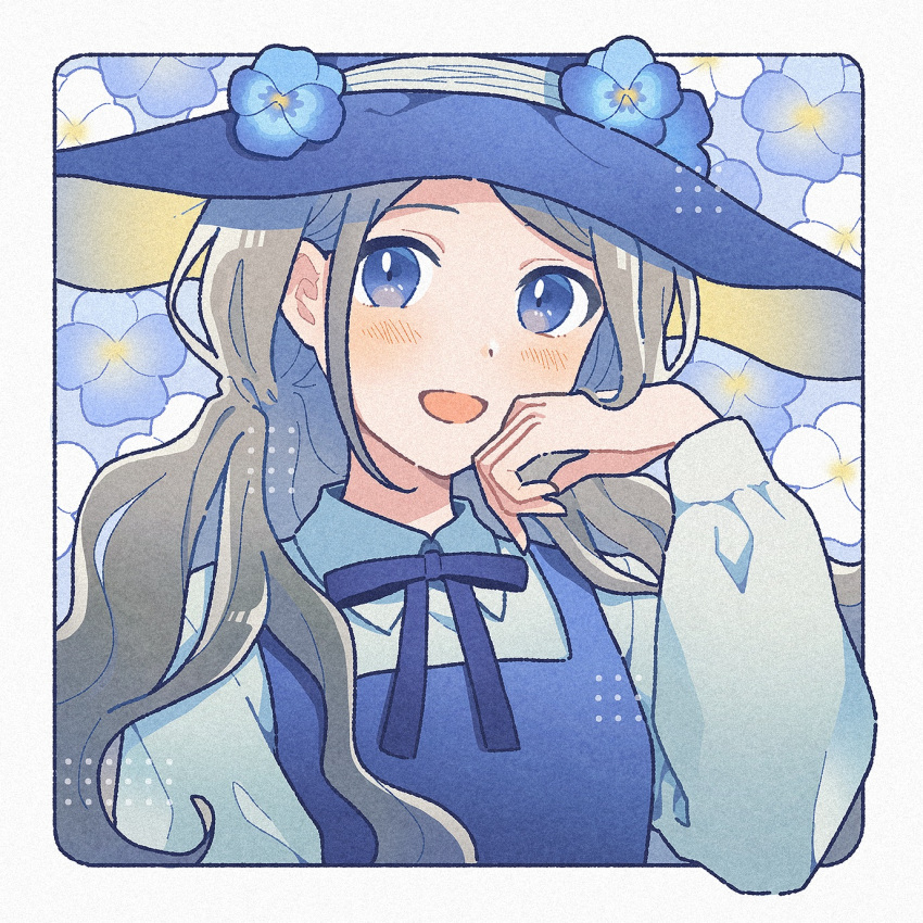 1girl :d blonde_hair blue_dress blue_eyes blue_flower blue_headwear blush border close-up collared_shirt commentary dress floral_background flower hand_on_own_cheek hand_on_own_face hand_to_own_mouth hand_up hat hat_flower highres long_hair long_sleeves looking_at_viewer nahara_saki neck_ribbon open_mouth original outside_border pinafore_dress puffy_long_sleeves puffy_sleeves purple_flower purple_ribbon ribbon shirt sleeveless sleeveless_dress smile solo upper_body white_border white_flower white_shirt witch witch_hat