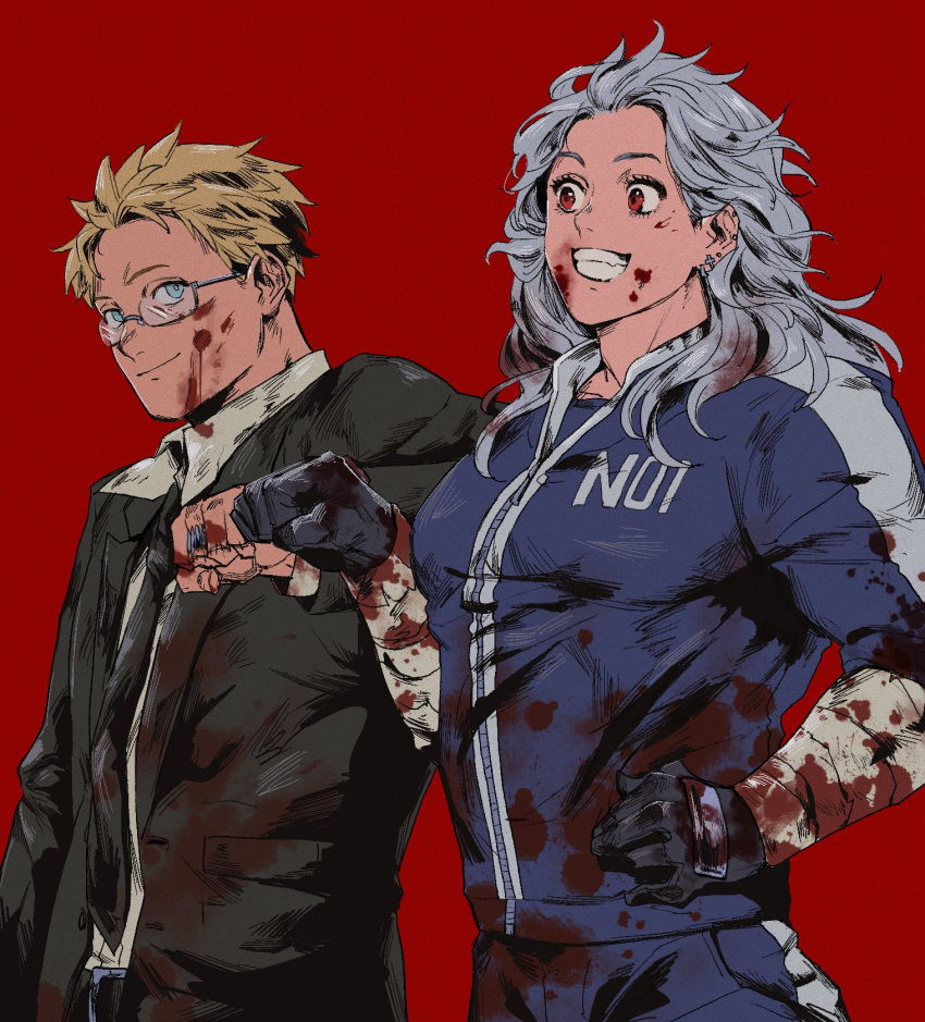 1boy 1girl bandaged_arm bandages black_gloves black_suit blood blood_on_clothes blood_on_face cropped_legs dorohedoro fist_bump glass gloves grin highres linta_610 necktie noi_(dorohedoro) red_background shin_(dorohedoro) simple_background smile standing suit track_suit white_hair