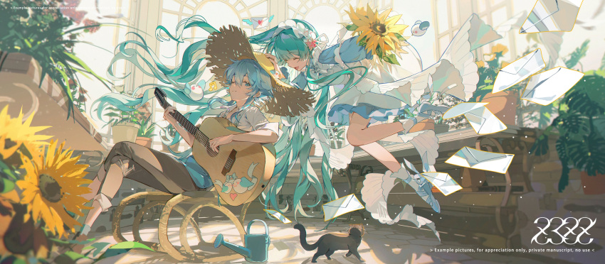 1boy 1girl absurdres bird black_cat cat character_request dress envelope fern flower guitar highres instrument long_hair musical_note one_eye_closed plant potted_plant sunflower very_long_hair watering_can white_headdress z3zz4