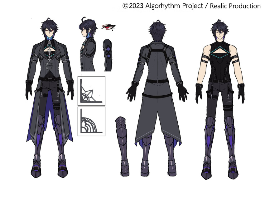 1boy ahoge algorhythm_project ark_(algorhythm_project) arm_belt belt black_belt black_gloves black_hair blue_hair boots closed_mouth coat colored_inner_hair copyright_name english_commentary gloves grey_coat grey_footwear highres i.ryuu_z long_sleeves mixed-language_commentary mole mole_under_eye multicolored_hair multiple_views official_art red_eyes reference_sheet second-party_source thai_commentary virtual_youtuber