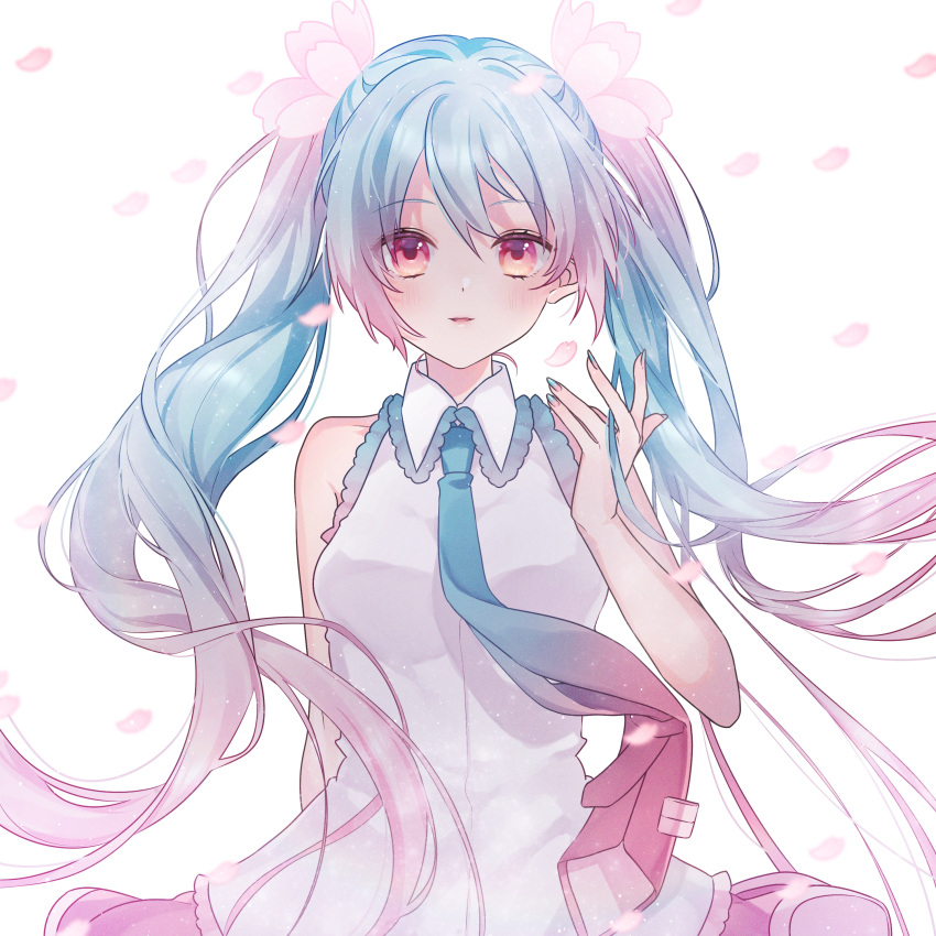 1girl absurdres bare_arms blue_hair blue_nails blue_necktie breasts cherry_blossoms falling_petals flower gradient_hair gradient_nails gradient_necktie hair_flower hair_ornament hand_up hatsune_miku highres large_breasts light_particles long_hair looking_at_viewer mizuamemochimochi multicolored_hair nail_polish necktie parted_lips petals pink_eyes pink_hair pink_nails pink_necktie sakura_miku shirt simple_background sleeveless sleeveless_shirt solo straight-on twintails two-tone_hair two-tone_nails two-tone_necktie vocaloid white_background white_shirt