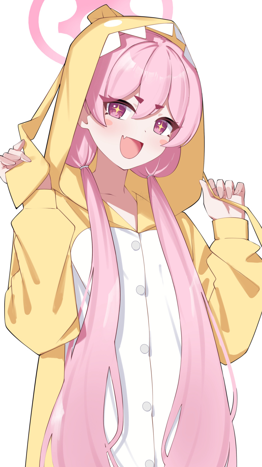 +_+ 1girl :d absurdres blue_archive blush fang fukujin halo highres hood hooded_pajamas koyuki_(blue_archive) long_hair long_sleeves looking_at_viewer official_alternate_costume open_mouth pajamas pink_eyes pink_hair pink_halo simple_background skin_fang smile solo twintails white_background yellow_pajamas