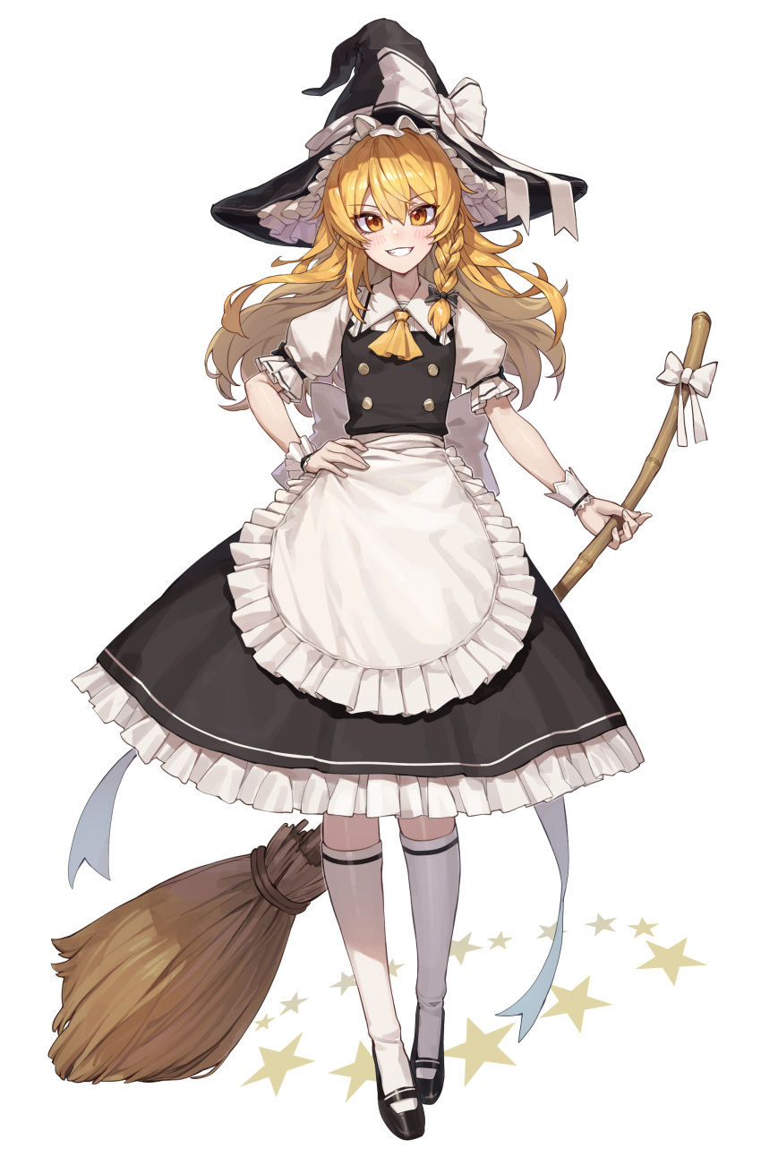 1girl absurdres apron black_dress black_footwear black_headwear blonde_hair bow braid broom commentary_request dress frilled_dress frills full_body grin hand_on_own_hip hat hat_bow highres holding holding_broom kirisame_marisa kokukyukeo korean_commentary long_hair looking_at_viewer puffy_short_sleeves puffy_sleeves short_sleeves side_braid single_braid smile socks solo standing star_(symbol) tachi-e touhou touhou_lost_word waist_apron white_bow white_socks white_wristband witch_hat yellow_eyes