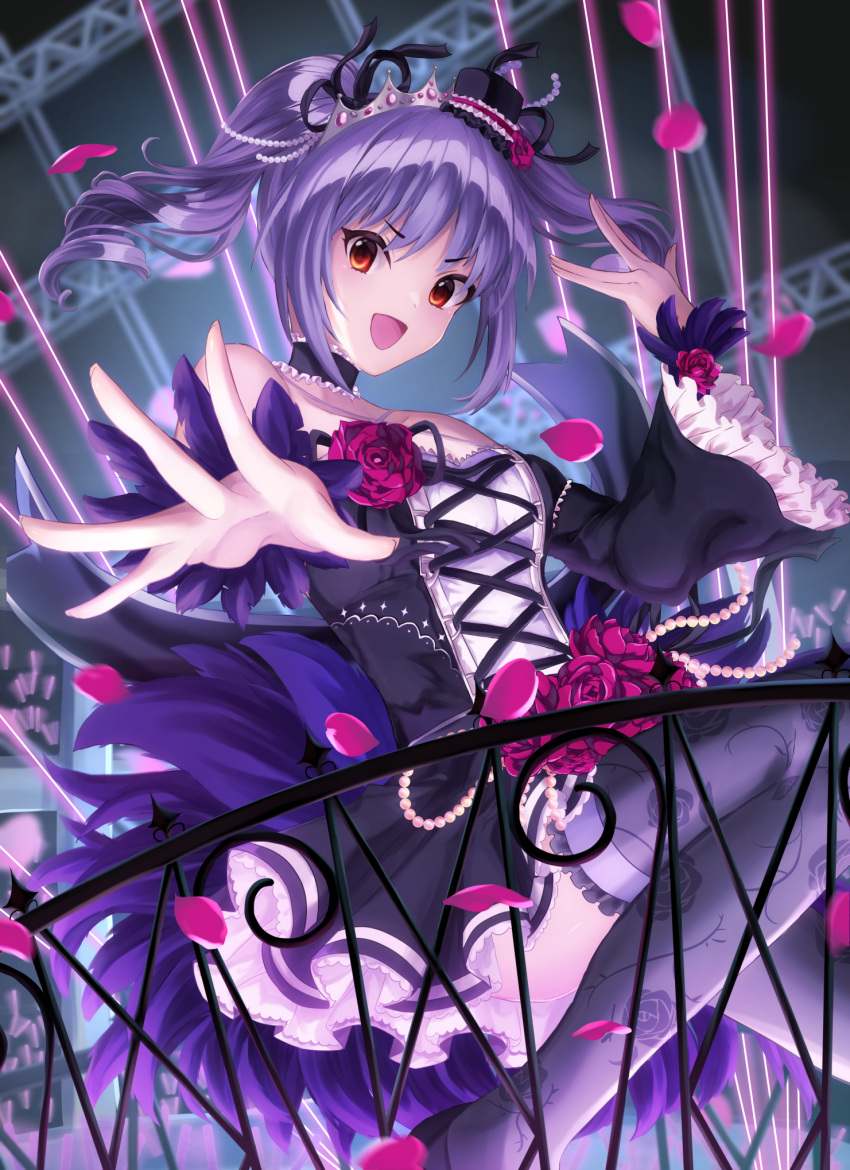 1girl amanami_(v) bare_shoulders beads black_choker black_dress black_thighhighs breasts choker commentary_request dress floral_print flower frilled_dress frills hat highres idolmaster idolmaster_cinderella_girls kanzaki_ranko medium_breasts mini_hat off-shoulder_dress off_shoulder open_mouth petals purple_flower purple_hair purple_rose red_eyes rose smile solo thigh-highs tiara twintails v-shaped_eyebrows