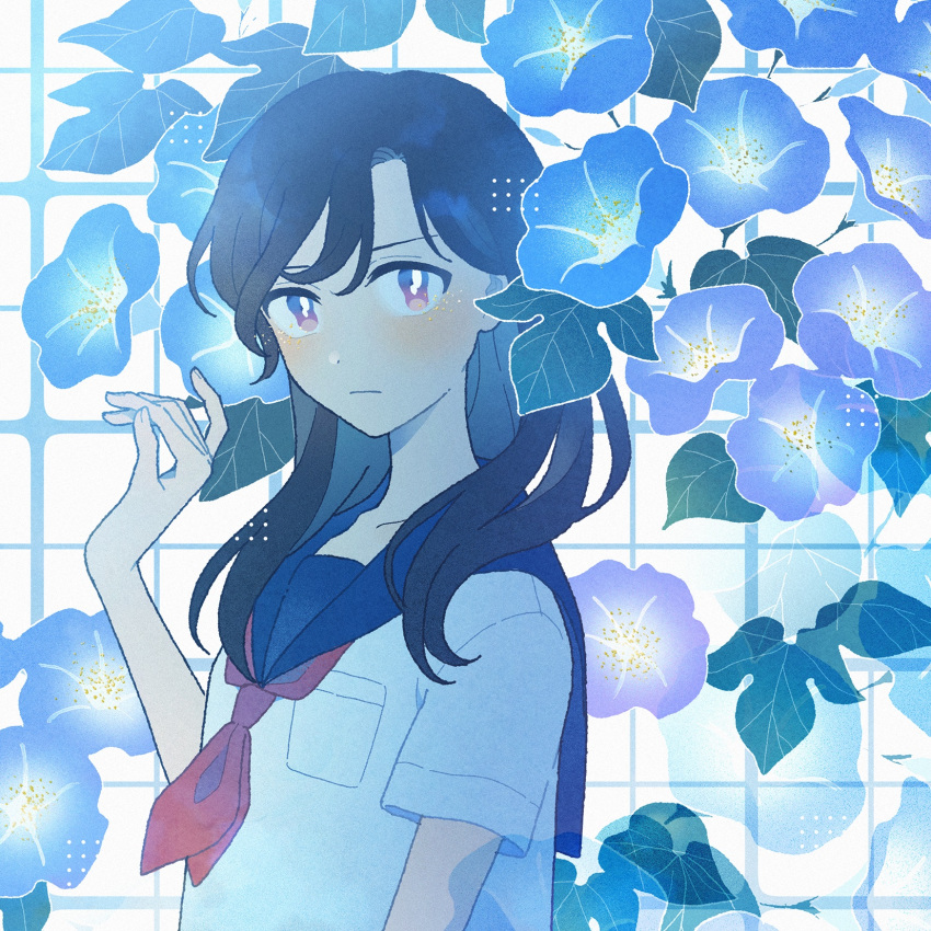 1girl black_hair blue_flower breast_pocket closed_mouth commentary_request fingernails flower grid grid_background hand_up highres leaf light_blush long_hair looking_at_viewer morning_glory nahara_saki neckerchief original pink_eyes plant pocket pollen purple_flower purple_sailor_collar red_neckerchief sailor_collar scowl shirt short_sleeves solo staring turning_head upper_body violet_eyes white_shirt