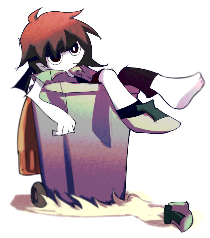 1other androgynous asymmetrical_pants atoymk black_eyes black_headband black_pants black_shirt black_socks bright_pupils brown_hair closed_mouth collared_shirt colored_skin commentary english_commentary green_footwear green_shirt headband highres in_trash_can kurohebi len'en medium_hair no_nose open_clothes open_shirt other_focus pants shirt shoes short_sleeves single_barefoot single_shoe socks solo trash_can white_pupils white_skin