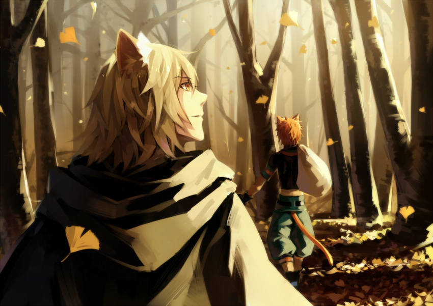 animal_ears autumn autumn_leaves baggy_pants blonde_hair cat_boy cat_ears cat_tail cloak falling_leaves forest from_behind gloves holding holding_sack hood hooded_cloak konoe_(lamento) lamento leaf lialli looking_to_the_side male_focus multiple_boys nature orange_hair outdoors pants profile sack short_hair sidelighting tail tokino_(lamento) tree upper_body walking yellow_eyes