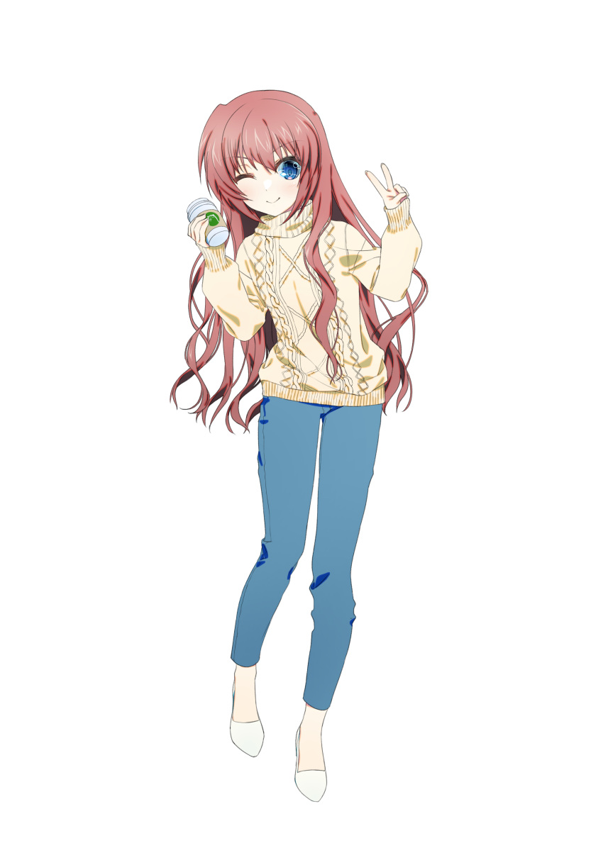 1girl ;) a-chan_senpai absurdres alternate_costume blue_eyes brown_hair casual closed_mouth commentary cup denim disposable_cup full_body hair_between_eyes hands_up highres holding holding_cup jeans light_blush little_busters! long_hair looking_at_viewer natsuoto_rito no_socks one_eye_closed pants sidelocks simple_background sleeves_past_wrists smile solo standing sweater tachi-e turtleneck turtleneck_sweater v v-shaped_eyebrows very_long_hair wavy_hair white_background yellow_sweater