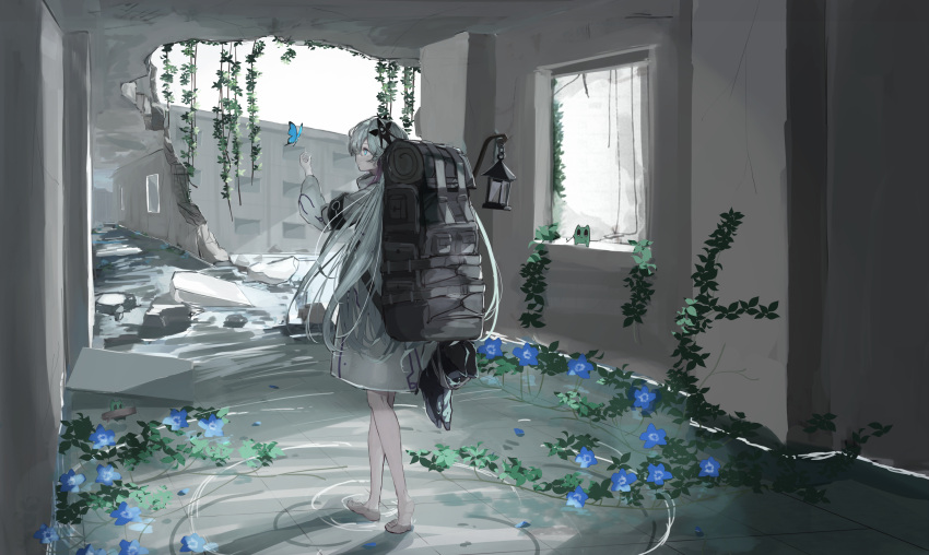 1girl barefoot black_footwear blue_butterfly blue_eyes blue_flower boots broken_wall bug building butterfly cevio coat commentary_request creature day expressionless flower from_behind gomidasu_(kamitsubaki_studio) grey_hair hair_ornament hallway hand_up highres hole_in_wall indoors kaminari_kzy kamitsubaki_studio long_hair long_sleeves looking_at_animal multicolored_hair overexposure plant profile purple_hair rubble ruins sekai_(cevio) solo streaked_hair unworn_boots vines wading walking water white_coat wide_shot window