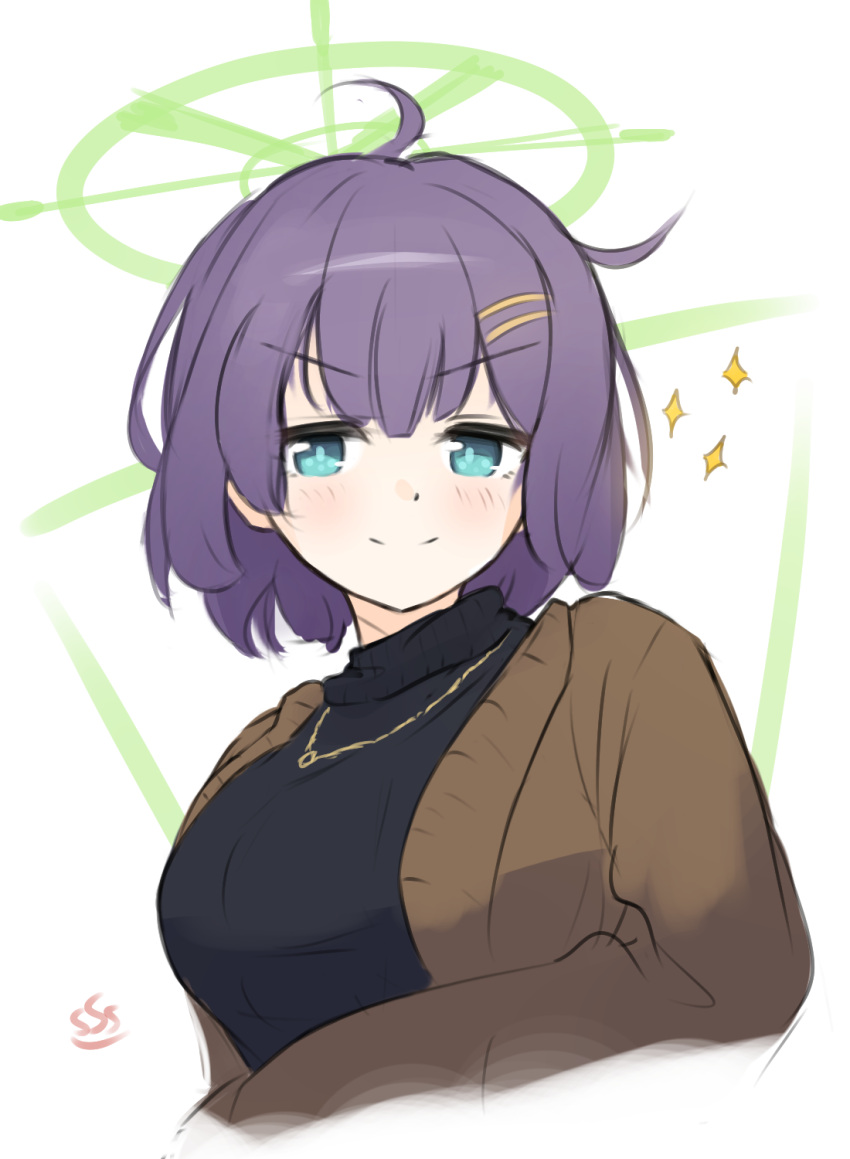 &gt;:) 1girl ahoge black_sweater blue_archive blue_eyes blush breasts brown_jacket closed_mouth cropped_torso hair_ornament hairclip halo highres jacket looking_at_viewer medium_breasts open_clothes open_jacket purple_hair saki_(blue_archive) simple_background smile solo sparkle sweater turtleneck turtleneck_sweater uber_(29131626) upper_body v-shaped_eyebrows white_background