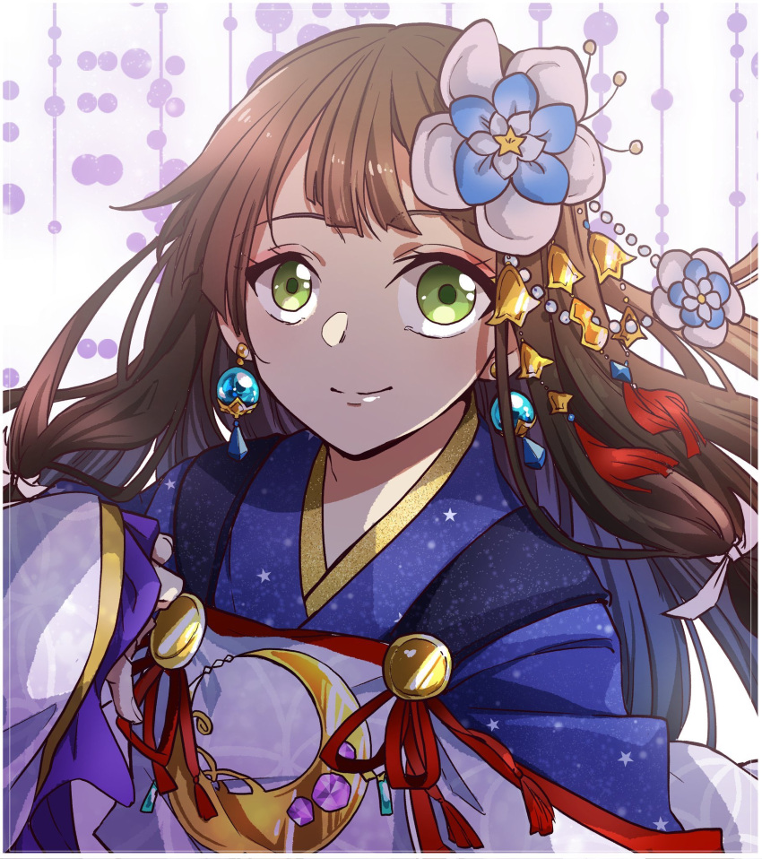 1girl bad_id bad_twitter_id blue_kimono brown_hair citrine_11 crescent earrings flower frilled_sleeves frills green_eyes grimms_notes hair_flower hair_ornament highres japanese_clothes jewelry kaguyahime_(gekkou)_(grimms_notes) kimono long_hair ribbon smile solo white_background white_ribbon