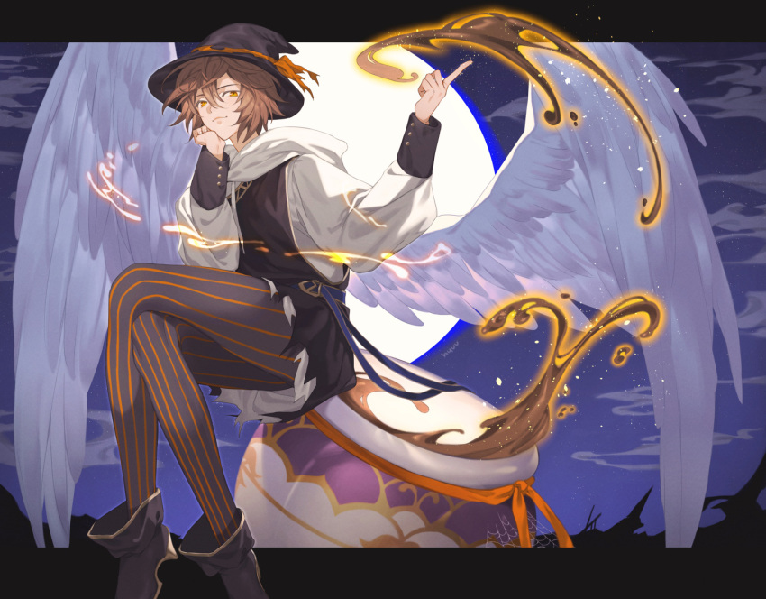 bishounen boots brown_hair clouds cloudy_sky coffee coffee_cup crossdressing crossed_legs cup disposable_cup english_commentary feathered_wings full_moon granblue_fantasy hair_between_eyes halloween halloween_costume hat highres hyuuhyoo jacket light_smile looking_at_viewer magic male_focus messy_hair moon night orange_eyes pantyhose pointing sandalphon_(granblue_fantasy) scarf signature sitting sky striped_clothes striped_pantyhose vertical-striped_clothes vertical-striped_pantyhose white_jacket white_scarf white_wings wings witch witch_hat
