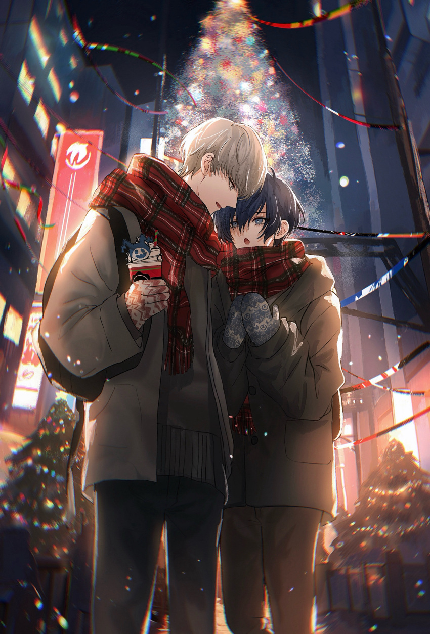 2boys :o asano_(kazusasn) backlighting black_pants blue_eyes blue_hair blue_mittens blurry blurry_background brown_coat brown_pants building character_print christmas_tree coat commentary cowboy_shot cup disposable_cup drinking_straw english_commentary grey_coat grey_eyes grey_hair grey_sweater hair_between_eyes highres holding holding_cup jack_frost long_sleeves looking_at_another male_focus mittens multiple_boys narukami_yuu night open_mouth outdoors pants persona persona_3 persona_4 plaid plaid_scarf red_mittens red_scarf road scarf shared_clothes shared_scarf short_hair sign snowing standing street sweater winter_clothes winter_coat yuuki_makoto