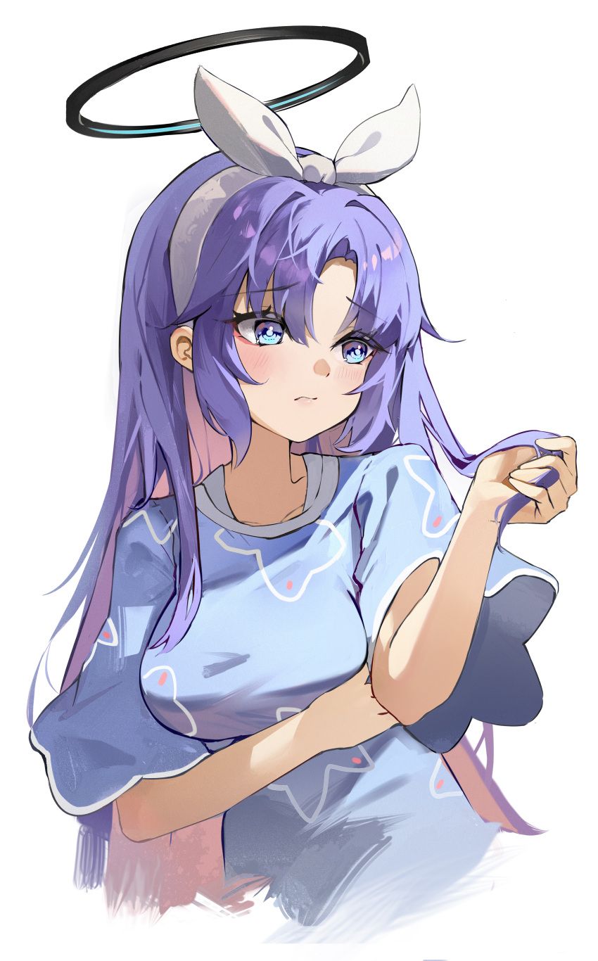 1girl absurdres blue_archive blue_eyes blue_shirt blush breasts closed_mouth halo highres large_breasts long_hair mechanical_halo official_alternate_costume purple_hair sakanafish shirt short_sleeves simple_background solo upper_body white_background yuuka_(blue_archive)