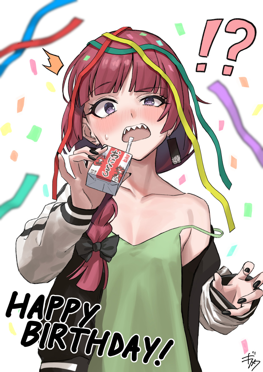 !? 1girl ^^^ absurdres alcohol_carton animal_ears black_nails blush bocchi_the_rock! breasts breasts_apart confetti dress gisuta_sunshine green_dress happy_birthday highres hiroi_kikuri holding_carton jacket long_sleeves looking_at_viewer nose_blush open_clothes open_jacket open_mouth raised_eyebrow redhead sharp_teeth signature simple_background small_breasts solo strap_slip streamers surprised sweatdrop teeth upper_body upper_teeth_only violet_eyes white_background
