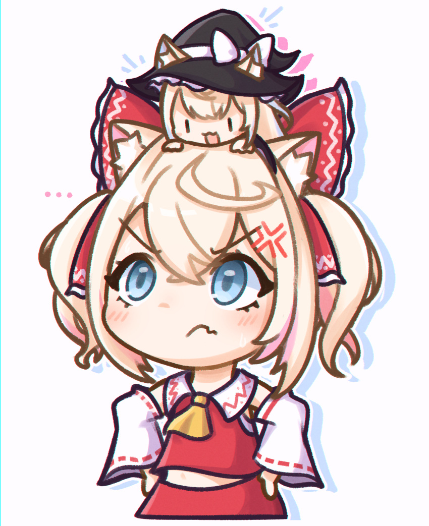 &gt;:( ... 2girls anger_vein animal_ears ascot blonde_hair blue_eyes bow chibi cosplay crossed_bangs detached_sleeves dog_ears double-parted_bangs duplicate fang frown fuwawa_abyssgard hair_between_eyes hair_bow hakurei_reimu hakurei_reimu_(cosplay) highres hololive hololive_english kirisame_marisa kirisame_marisa_(cosplay) mococo_abyssgard moon_ldl multicolored_hair multiple_girls nontraditional_miko official_alternate_hairstyle pink_hair red_bow red_shirt red_skirt shirt siblings skin_fang skirt streaked_hair sweatdrop touhou twins twintails upturned_eyes v-shaped_eyebrows virtual_youtuber yellow_ascot