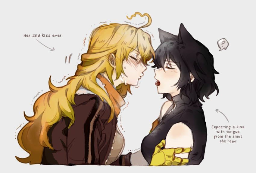2girls ? ahoge animal_ears black_hair black_shirt blake_belladonna blonde_hair blush brown_jacket cat_ears closed_eyes commentary english_commentary english_text from_side grey_background highres hiru315 imminent_kiss jacket long_hair mechanical_arms medium_hair multiple_girls pursed_lips rwby shirt simple_background single_mechanical_arm sleeveless sleeveless_shirt spoken_question_mark sweat tongue tongue_out trembling upper_body yang_xiao_long yuri