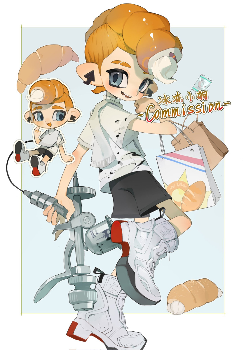 1boy aerospray_(splatoon) bag black_shorts blue_background blush boots border chibi chibi_inset commentary commission corrupted_twitter_file croissant earrings english_commentary eyebrow_cut fangs food food-themed_hair food_request grey_eyes gun highres holding holding_bag holding_gun holding_weapon jewelry looking_at_viewer looking_back male_focus mohawk octoling octoling_boy open_mouth orange_hair outside_border p-pepper paper_bag pointy_ears shirt shopping_bag short_hair short_sleeves shorts simple_background smile solo splatoon_(series) teeth tentacle_hair weapon white_border white_footwear white_shirt