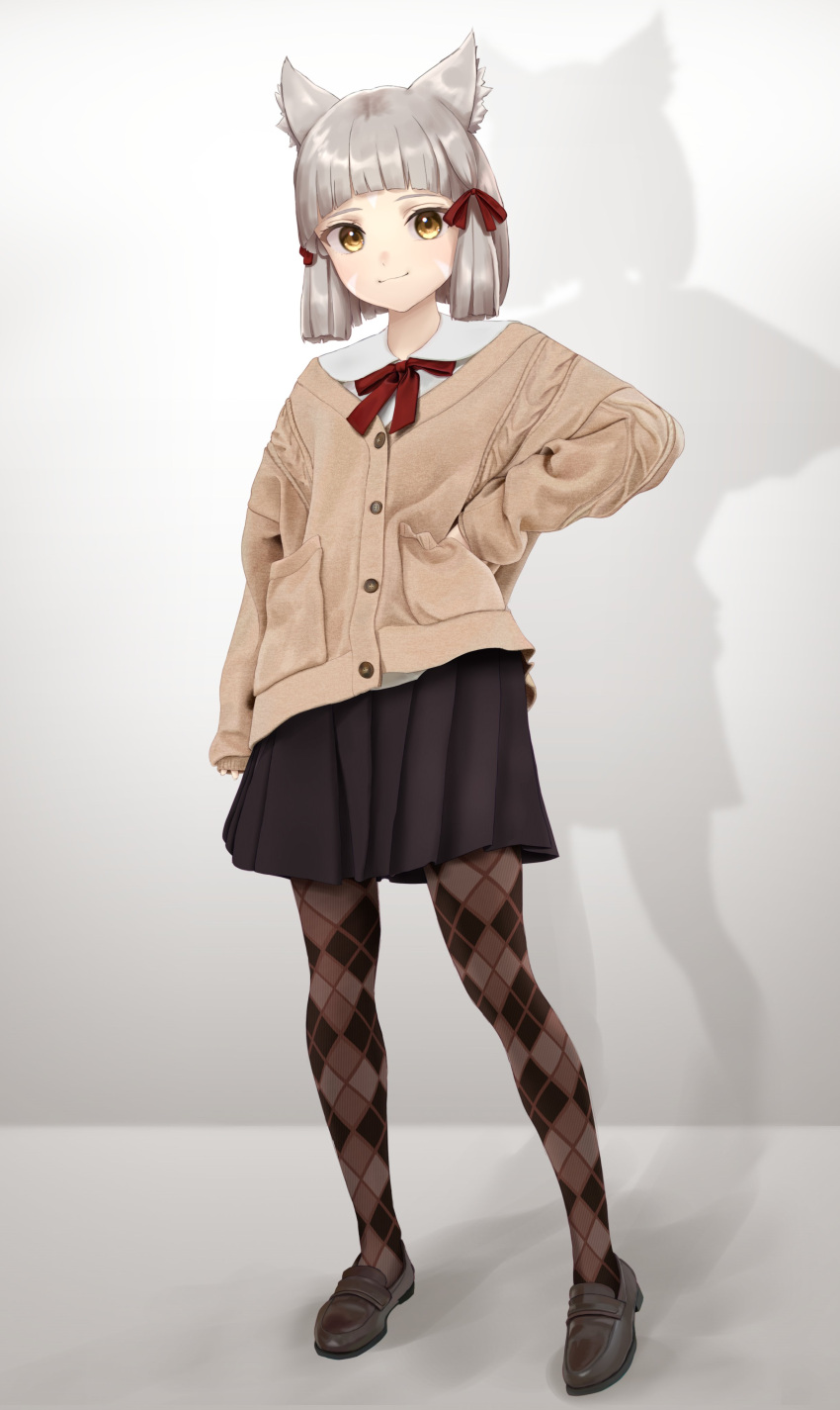 1girl absurdres animal_ear_fluff animal_ears argyle argyle_legwear black_footwear black_skirt bow brown_cardigan brown_eyes brown_pantyhose cardigan closed_mouth collared_shirt commentary eilier_project grey_hair highres loafers long_sleeves looking_at_viewer nia_(xenoblade) pantyhose pleated_skirt puffy_long_sleeves puffy_sleeves red_bow school_uniform shirt shoes short_hair skirt sleeves_past_wrists smile solo standing white_shirt xenoblade_chronicles_(series) xenoblade_chronicles_2