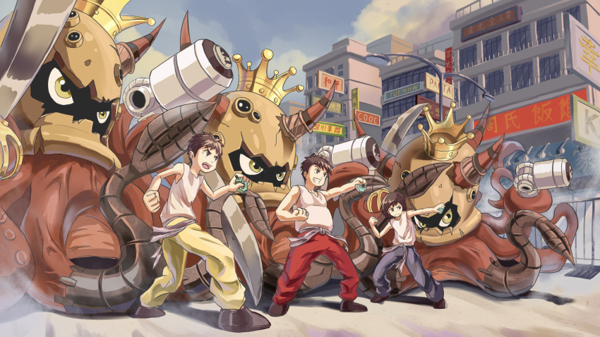 3boys black_footwear blue_pants brothers brown_eyes brown_hair building clenched_hand closed_mouth commentary_request crown day digimon digimon_(creature) digimon_adventure_02 digivice dk_(13855103534) dual_wielding from_side gun highres holding holding_gun holding_sword holding_weapon horns lamppost male_focus martial_arts_belt multiple_boys octomon open_mouth outdoors outstretched_arm pants poi_brothers railing red_pants road shadow shoes short_hair siblings sign standing street sword tank_top teeth upper_teeth_only weapon white_tank_top yellow_eyes yellow_pants
