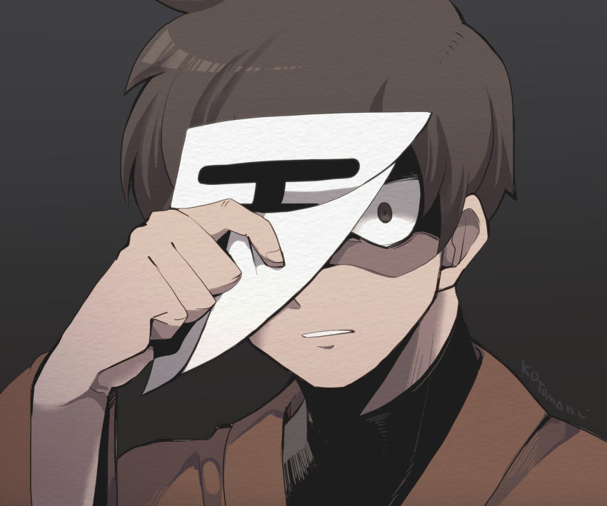 1boy bags_under_eyes black_background brown_eyes brown_hair fingernails highres kotorai looking_at_viewer male_focus marumaru_no_shuyaku_wa_wareware_da! one_eye_covered paper paper_on_head parted_lips roboro shaded_face short_hair signature simple_background solo translation_request upper_body wide_sleeves