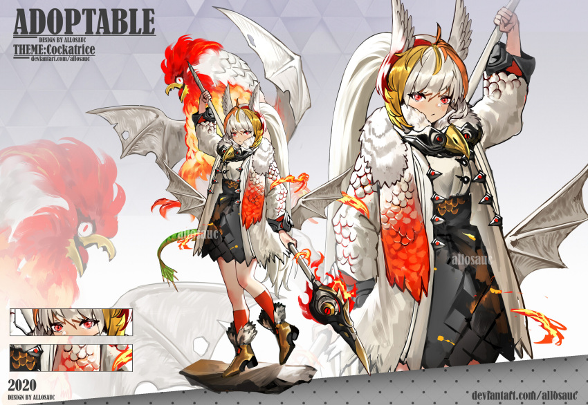 1girl 2020 adoptable ahoge allosauc animal_ears animal_scarf artist_name bird_ears black_skirt blonde_hair boots brown_footwear close-up closed_mouth coat cockatrice commentary cowboy_shot deviantart_username english_commentary fire frown full_body fur-trimmed_boots fur_trim gradient_background grey_background high-waist_skirt highres holding holding_behind_back holding_staff kneehighs light_blush long_hair long_sleeves looking_at_viewer miniskirt multicolored_hair multiple_views open_clothes open_coat orange_hair original ponytail projected_inset pyrokinesis red_eyes red_socks redhead reference_sheet scales scarf shirt simple_background skirt socks staff streaked_hair triangle_background very_long_hair weapon_behind_back white_coat white_hair white_scarf white_shirt white_sleeves