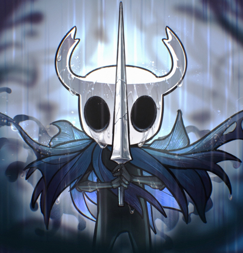 1other blue_cloak cloak commentary commission english_commentary highres holding holding_weapon hollow_knight horned_mask horns knight_(hollow_knight) mask nail_(hollow_knight) other_focus procreate_(medium) rain scerebrite solo weapon