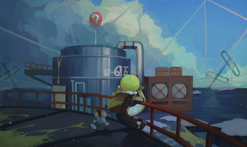 1girl against_railing asymmetrical_sidelocks backpack bag balloon black_pants blonde_hair blue_sky braided_sidelock clouds cloudy_sky commentary creature day facing_away from_above fur-trimmed_collar fur_trim highres ink_tank_(splatoon) inkling inkling_girl liang_cun_rakuna oil_silo outdoors pants pointy_ears radio_antenna railing shirt short_hair_with_long_locks sky sleeveless sleeveless_shirt smallfry_(splatoon) solo splatoon_(series) splatoon_3 symbol-only_commentary toeless_footwear wide_shot