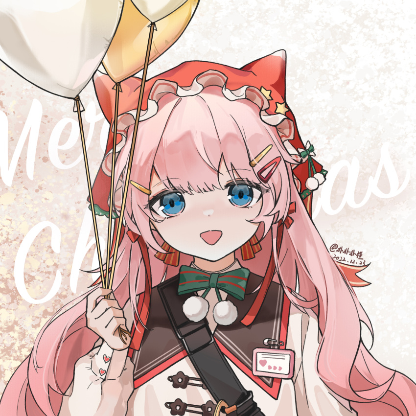 1girl balloon black_sailor_collar blue_eyes bow bowtie bren_ten_(girls'_frontline) bren_ten_(velvet_shortcake)_(girls'_frontline) commentary_request dated dress english_text green_bow green_bowtie hair_ornament hair_ribbon hairclip highres holding holding_balloon long_hair long_sleeves merry_christmas name_tag official_alternate_costume open_mouth pink_hair pom_pom_(clothes) red_headwear red_ribbon ribbon sailor_collar sakatakin shirt signature smile solo strap upper_body white_dress