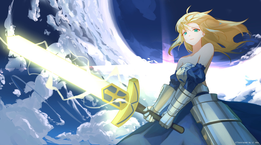 1girl absurdres ahoge armor armored_dress artoria_pendragon_(fate) bare_shoulders blonde_hair blue_dress breastplate closed_mouth clouds commentary day detached_sleeves dress english_commentary excalibur_(fate/stay_night) fate/grand_order fate_(series) faulds frown gauntlets glowing glowing_sword glowing_weapon green_eyes hair_down highres holding holding_sword holding_weapon juliet_sleeves li_kha long_dress long_hair long_sleeves looking_at_viewer puffy_sleeves saber_(fate) solo strapless strapless_dress sword weapon wind