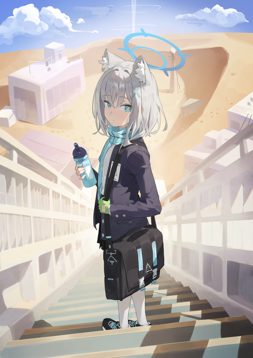 1girl absurdres animal_ear_fluff animal_ears black_jacket blazer blue_archive blue_eyes blue_scarf blush closed_mouth cross_hair_ornament extra_ears gloves green_gloves grey_hair hair_ornament highres jacket long_sleeves medium_hair mismatched_pupils open_clothes open_jacket riok_hh scarf shiroko_(blue_archive) shirt solo white_shirt wolf_ears