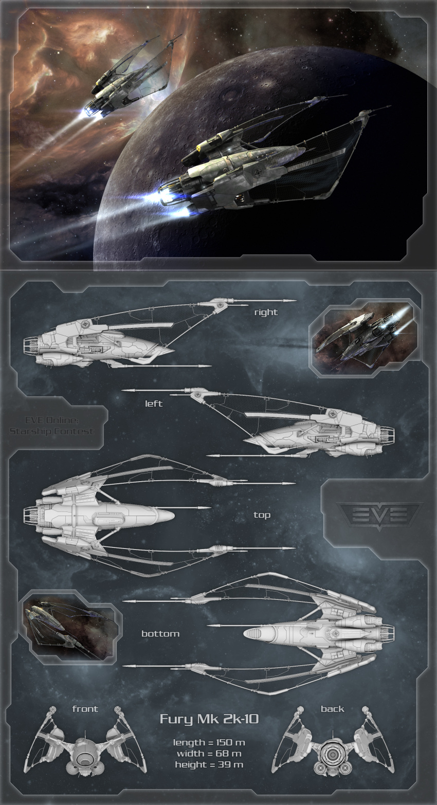 3d absurdres commentary concept_art crater eve_online flying frigate_(eve_online) galsogramma glowing highres in_orbit logo military_vehicle multiple_views nebula no_humans original outdoors planet realistic reference_sheet science_fiction sky space spacecraft star_(sky) starry_sky vehicle_focus