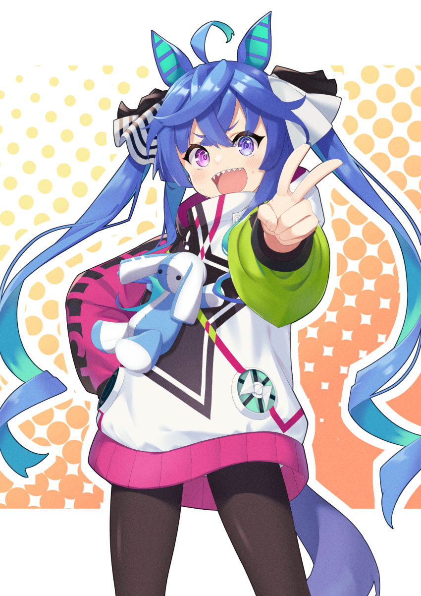 1girl :d @_@ ahoge animal_ears aqua_hair black_pantyhose blue_eyes blue_hair blush bow commentary cowboy_shot crossed_bangs drawstring hair_bow halftone halftone_background hand_on_own_hip hand_up heterochromia highres hood hoodie horse_ears horse_girl horse_tail letterboxed long_hair long_sleeves looking_at_viewer multicolored_clothes multicolored_hair multicolored_hoodie open_mouth orange_background outline outside_border outstretched_arm pantyhose sharp_teeth sidelocks smile solo striped_bow stuffed_animal stuffed_rabbit stuffed_toy sweat tail teeth twin_turbo_(umamusume) twintails two-tone_hair umamusume upper_teeth_only v very_long_hair violet_eyes white_outline yuki_(t-yamayamaji43)