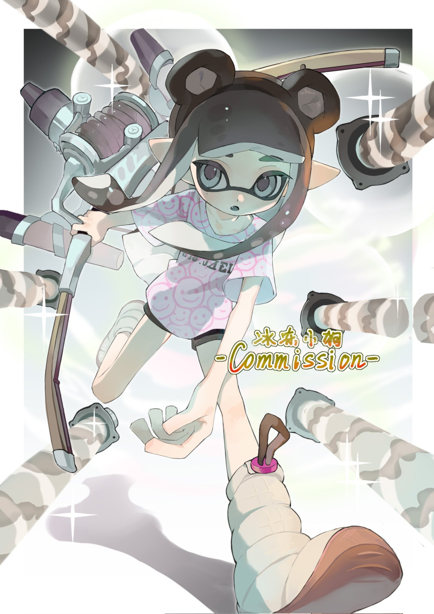 1girl :o animal_ears bear_ears black_hair black_hairband black_shorts blunt_bangs blush boots border bow_(weapon) clothes_writing commentary commission corrupted_twitter_file english_commentary fake_animal_ears fang gradient_background grey_eyes grey_tongue hairband highres holding holding_bow_(weapon) holding_weapon inkling inkling_girl long_hair looking_at_viewer mole mole_under_eye open_mouth outside_border p-pepper pointy_ears print_shirt running shadow shirt short_shorts short_sleeves shorts sidelocks simple_background smiley_face solo sparkle splatoon_(series) t-shirt thick_eyebrows tri-stringer_(splatoon) weapon white_border white_footwear white_shirt