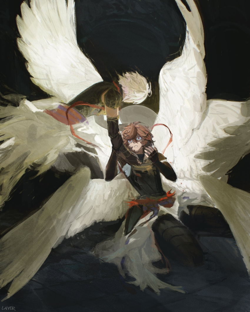 2boys armor breastplate brown_hair dark_background elbow_gloves empty_eyes english_commentary feathered_wings feathers gloves granblue_fantasy hair_between_eyes hand_on_another's_arm highres hood kneeling looking_at_another looking_down lucifer_(shingeki_no_bahamut) male_focus messy_hair multiple_boys multiple_wings reaching red_eyes red_scarf sandalphon_(granblue_fantasy) scared scarf shaded_face short_sleeves shoulder_armor teeth wahoosandalphon white_hair white_wings wings