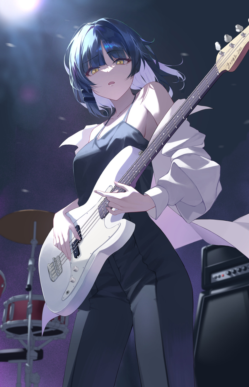 1girl absurdres bare_shoulders bass_guitar black_camisole black_pants blue_hair bocchi_the_rock! breasts camisole collarbone commentary drum drum_set fender_precision_bass floating_hair hair_ornament hairclip halterneck highres holding holding_instrument instrument jacket long_sleeves looking_at_viewer medium_breasts mole mole_under_eye music off_shoulder open_clothes open_jacket open_mouth pants playing_instrument ryo_e short_hair solo white_jacket yamada_ryo yellow_eyes