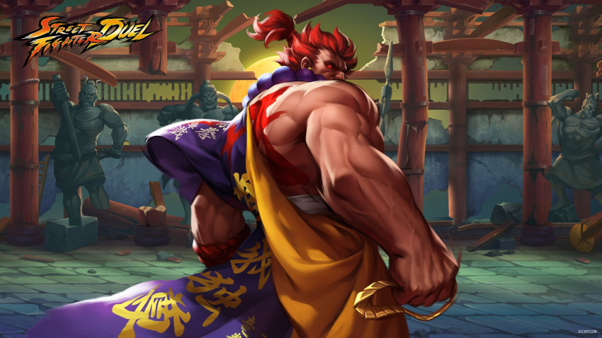 abandoned akuma_(street_fighter) bead_necklace beads column floor_tiles highres japanese_clothes jewelry moon muscular muscular_male necklace night night_sky official_art pillar red_eyes redhead sky standing statue street_fighter street_fighter:_duel temple