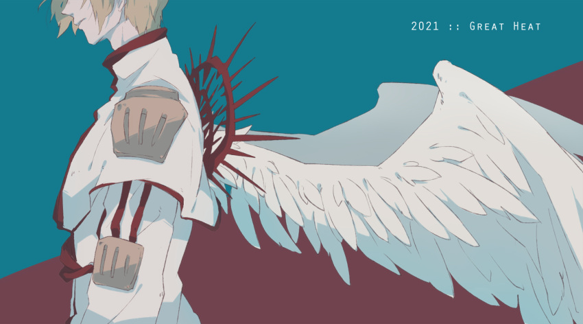 1boy 2021 angel_wings archangel_(baroque) baroque_(series) blonde_hair blue_background capelet english_text from_side head_out_of_frame high_collar large_wings long_sleeves male_focus parted_lips red_background robe shoulder_pads solo tarutan two-tone_background upper_body white_capelet white_robe wings