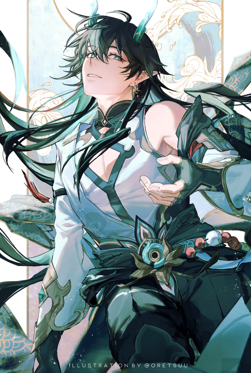 1boy absurdres bishounen black_hair chinese_clothes cleavage_cutout clothing_cutout dan_heng_(honkai:_star_rail) dan_heng_(imbibitor_lunae)_(honkai:_star_rail) detached_sleeves dragon_boy dragon_horns earrings english_commentary english_text eyeliner fingerless_gloves gloves green_eyes green_horns hair_between_eyes highres honkai:_star_rail honkai_(series) horns jewelry long_hair long_sleeves looking_at_viewer makeup male_focus oretsuu parted_lips pectoral_cleavage pectorals pointy_ears red_eyeliner solo twitter_username upper_body