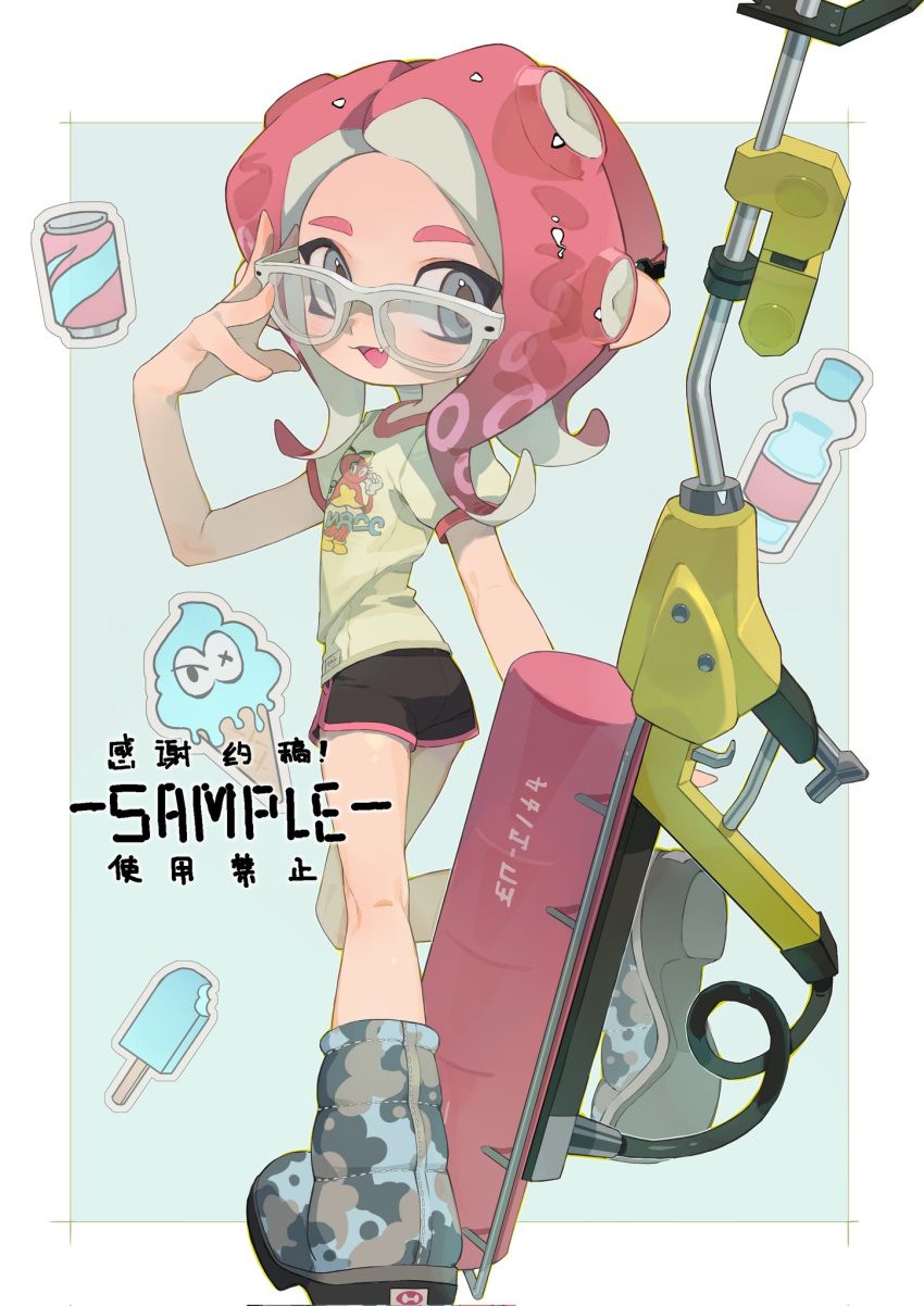 1girl :d black_shorts blue_background blue_footwear boots border bottle brown_footwear can commentary_request e-liter_4k_(splatoon) fang food glasses grey_eyes grey_footwear gun hand_up highres ice_cream ice_cream_cone looking_at_viewer looking_back medium_hair multicolored_footwear octoling octoling_girl open_mouth outside_border p-pepper parted_bangs pink_hair pointy_ears popsicle print_shirt sample_watermark shirt short_shorts short_sleeves shorts sidelocks simple_background smile solo splatoon_(series) sticker suction_cups t-shirt tentacle_hair watermark weapon white-framed_eyewear white_border white_shirt