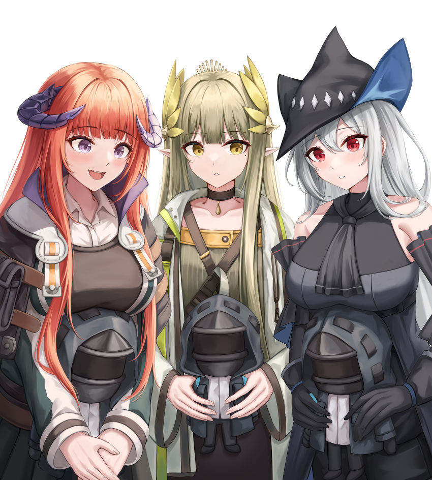 3girls absurdres arknights ascot bagpipe_(arknights) bare_shoulders black_ascot black_gloves black_headwear black_shirt blue_headwear breasts character_doll coat collared_shirt cowboy_shot curled_horns daisy_cutter detached_sleeves doctor_(arknights) doll dragon_girl dragon_horns expressionless fingernails gloves green_hair grey_hair hair_ornament hat highres holding holding_doll horns hugging_doll hugging_object long_hair long_sleeves mole mole_under_eye muelsyse_(arknights) multiple_girls open_mouth orange_hair own_hands_together parted_lips pointy_ears red_eyes shirt sideways_glance skadi_(arknights) sleeveless sleeveless_shirt smile two-sided_fabric two-sided_headwear v_arms violet_eyes white_coat white_shirt wide_sleeves yellow_eyes