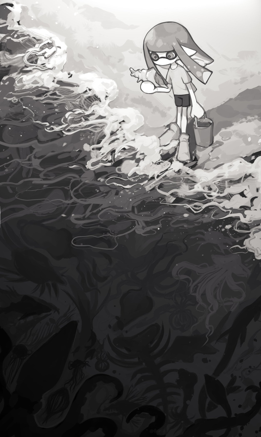 1girl arm_at_side beach blunt_bangs bucket commentary_request domino_mask expressionless fish floating_hair from_above greyscale highres holding holding_bucket holding_shell inkling inkling_girl jellyfish liang_cun_rakuna long_hair looking_at_object mask monochrome no_mouth ocean octopus outdoors pointy_ears seashell shell shirt shoes short_sleeves shorts silhouette solo splatoon_(series) splatoon_3 standing t-shirt tentacle_hair waves wide_shot