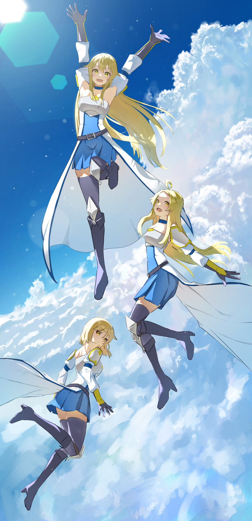 3girls above_clouds absurdres ahoge arms_up belt blonde_hair blue_choker blue_dress blue_sky boots breasts cape chest_armor choker closed_mouth clouds detached_sleeves dress e_ga_ku flying full_body gloves gran_maria high_heel_boots high_heels highres isekai_nonbiri_nouka knee_boots kudel_(isekai_nonbiri_nouka) kurone_(isekai_noubiri_nouka) lens_flare long_hair looking_at_viewer medium_breasts multiple_girls open_mouth pantyhose purple_gloves purple_pantyhose short_hair shoulder_pads sky smile uniform very_long_hair white_cape yellow_eyes