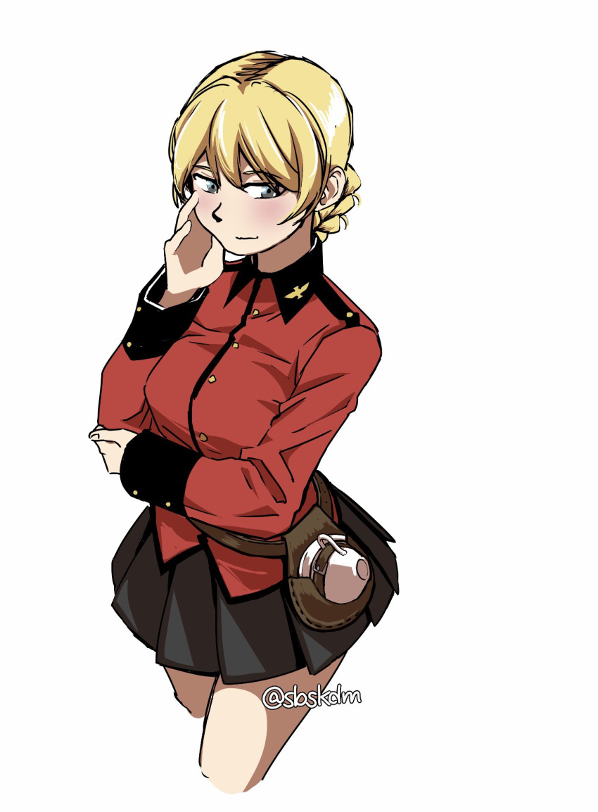 1girl belt black_belt black_skirt blonde_hair blue_eyes braid closed_mouth cowboy_shot cropped_legs cup darjeeling_(girls_und_panzer) girls_und_panzer hand_on_own_arm hand_on_own_face highres holster holstered jacket long_sleeves looking_at_viewer military_uniform miniskirt pleated_skirt puchin113 red_jacket short_hair simple_background skirt smile solo st._gloriana's_military_uniform standing teacup twitter_username uniform white_background